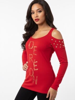 NEW RED Dereon Beyonce  Y2K Mesh Sleeve Cut out Stud shoulder long sleeve S